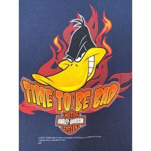 Vtg Harley Davidson Looney Tunes Long Sleeve Tee Womens M Blue SlimFit Bikercore